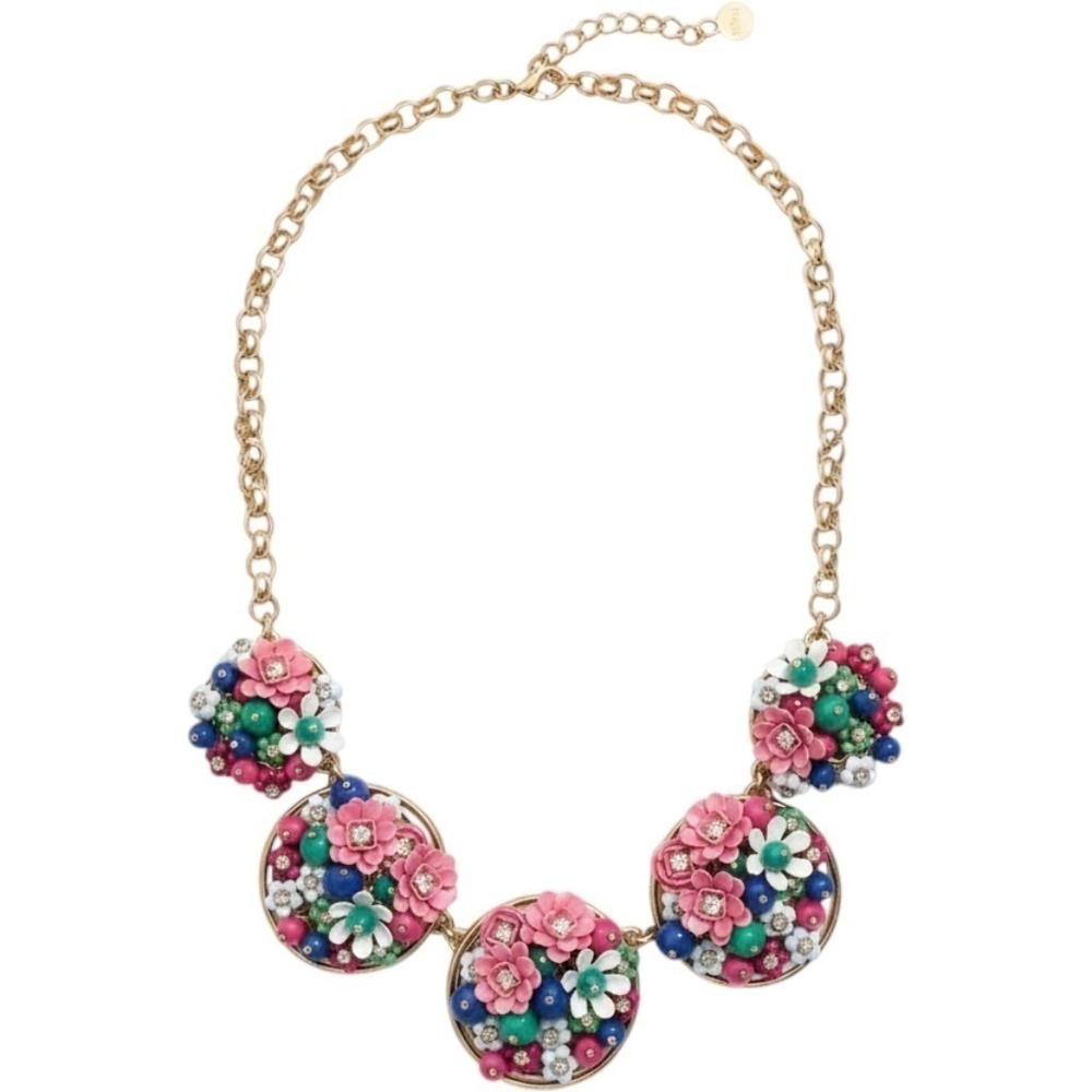 Talbots Floral Statement Necklace Multicolor Enamel Rhinestone Gold Tone Bib